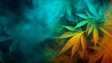 Vibrant multicolored cannabis leaves with swirling smoke on an atmospheric green background, creating a moody and visually striking composition with space for text or design overlay