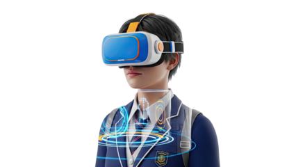 Student in VR headset experiencing augmented reality overlay