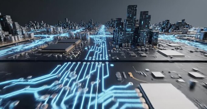 Futuristic cityscape with glowing circuitry pathways and metallic structures, showcasing technology