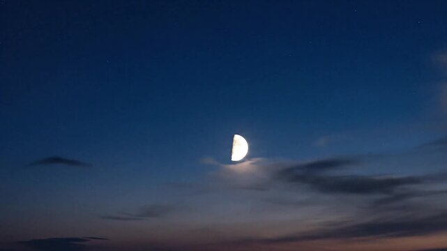 Serene Ramadan twilight sky time lapse with a delicate crescent moon glowing amidst wispy, dark clouds at dusk