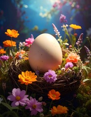 Easter Egg Nestled in a Bed of Colorful Flowers, Springtime Scene.