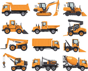 Construction machinery vector illustration set showing trucks excavators loaders cranes concrete mixers heavy industrial vehicles for engineering infrastructure projects design