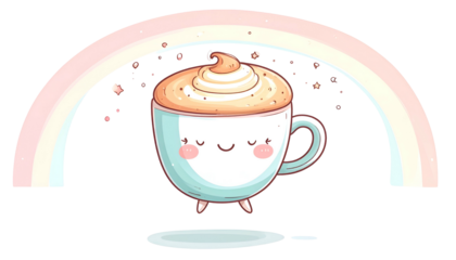 Whimsical cartoon image of a happy coffee mug floating under a pastel rainbow