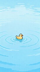 広いパステル池に浮かぶ小さなアヒルを描いた穏やかなピクセルアート