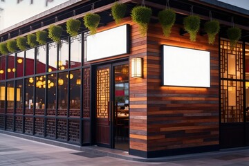 Modern restaurant exterior with wooden facade