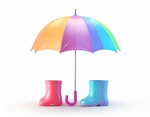 Rainbow umbrella with adult and child rain boots