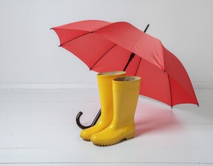 Closed red umbrella beside shiny yellow rain boots