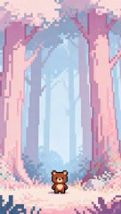 広いパステル森の中に小さなクマを配置した落ち着きのあるピクセルアート