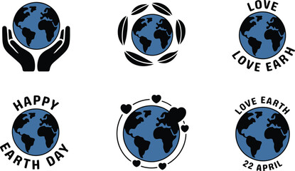 Assortment of six Earth Day icons with globes, hands, leaves, hearts, and various celebratory messages