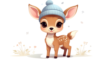 A cute fawn, brown fur, white spots, wears blue beanie, standing in snowy scene