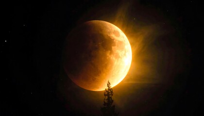 A large, radiant celestial body is partially eclipsed by a dusky atmosphere, giving it an orange hue. A silhouette of a tree is in the foreground