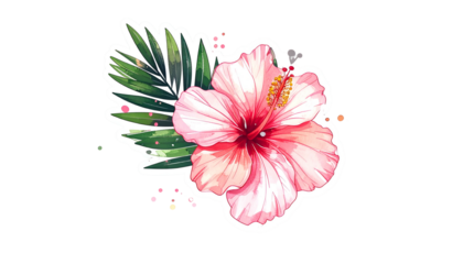 A watercolor hibiscus flower with a green palm leaf on a black background