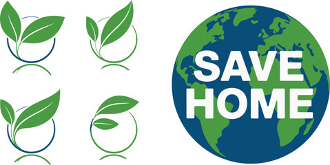 Collection of green leaf logos and a global illustration emphasizing saving the home planet