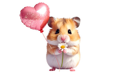 Adorable hamster holding a heart balloon and daisy, cutout on black