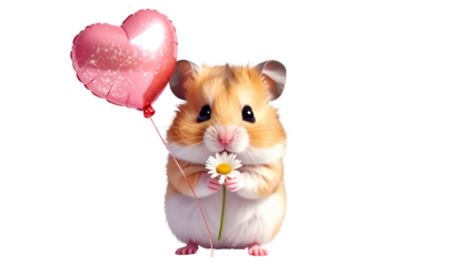 Adorable hamster holding a heart balloon and daisy, cutout on black