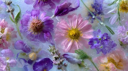 Seamless artistic floral wallpaper with colorful field flowers frozen in ice, featuring daisy, buttercup, clover, lavender, and geranium, creating a delicate nature-inspired pattern for backgrounds an