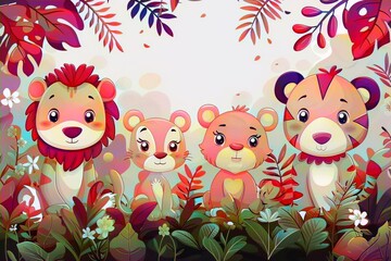 Colorful Cartoon Animals Surrounded by Vibrant Floral Elements