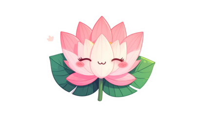 Adorable cartoon lotus flower with a smiling face, pink petals, and green leaves