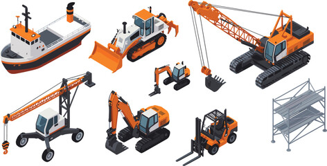 Isometric construction machinery vector illustration set featuring excavators cranes bulldozers forklifts ships scaffolding heavy industrial equipment isolated © SreeShoyagini