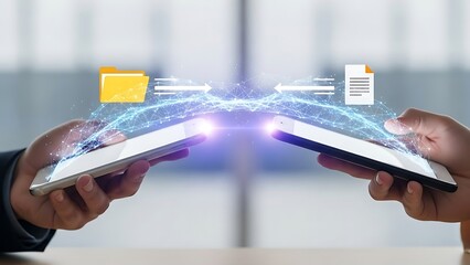 Hands Holding Smartphones Transferring Data with Digital Network Connection data transfer