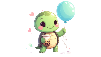 Animated turtle, holding a balloon and boba tea, surrounded by hearts