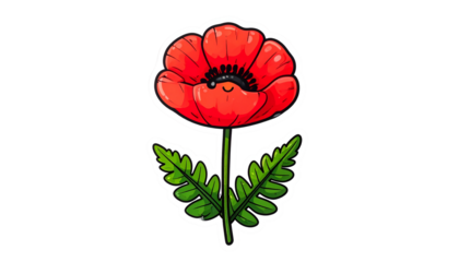 A smiling, cartoonish poppy flower with red petals, green stem and leaves, on black