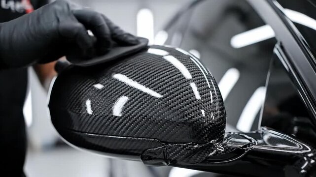 Close up of hands in black gloves applying a carbon fiber wrap to a car's side mirror.