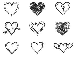 Decorative hand drawn hearts icons vector set for Valentine day