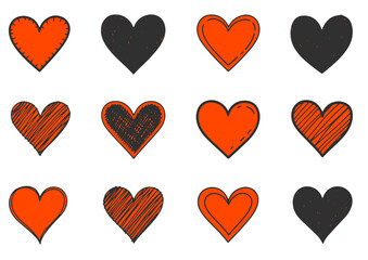 Red and black hand drawn hearts vector set for Valentine day