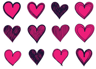 Pink hand drawn heart icons vector set for Valentine day