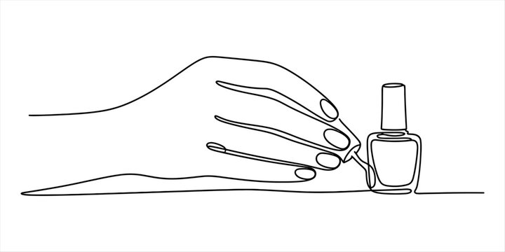 Minimalist continuous line art drawing of a hand interacting with a bottle of nail polish Vector, illustration