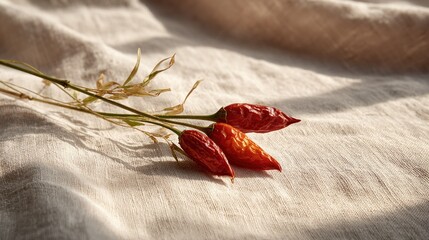 Three vibrant dried red chili peppers with green stems resting on a textured natural linen fabric surface with soft shadows