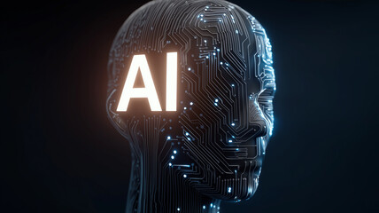 A glowing blue light highlights a digital head, symbolizing the essence of artificial intelligence Generative AI