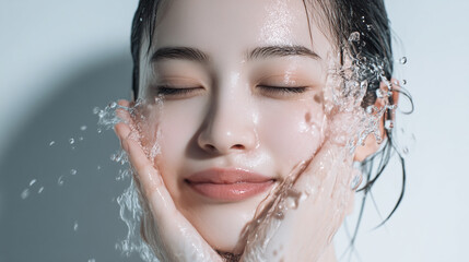 洗顔する美しい笑顔の女性の美肌と清潔感。美容・コスメ・スキンケア広告用写真