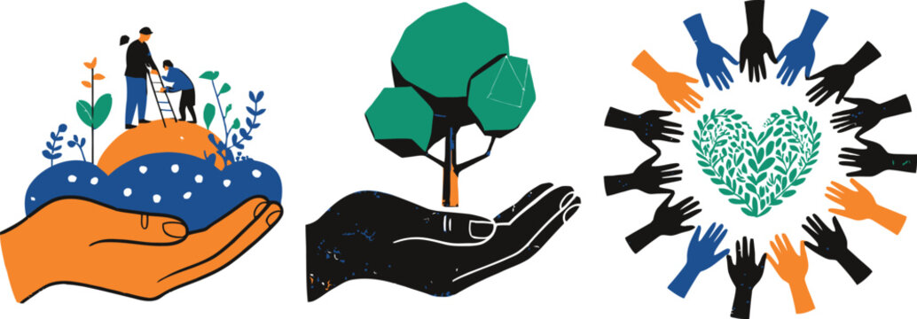 Large hand supports a small hill where tiny people plant and tend to green plants
