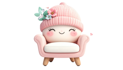 Adorable cartoon character with a pink beanie & flowers, sitting in a pink armchair