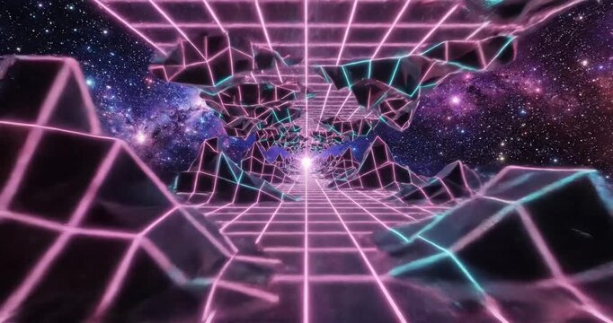 Futuristic neon landscape with a cosmic background, showcasing a vibrant grid and surreal formations