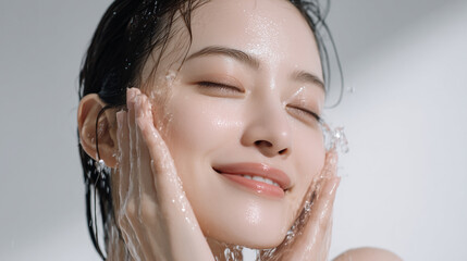 洗顔する美しい笑顔の女性の美肌と清潔感。美容・コスメ・スキンケア広告用写真
