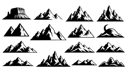 Mountain silhouette. Black outline minimal mountains shape for banner border and scenic backdrop. Isolated vector set, transparent background SVG version.