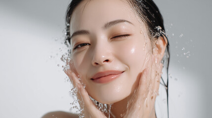 洗顔する美しい笑顔の女性の美肌と清潔感。美容・コスメ・スキンケア広告用写真