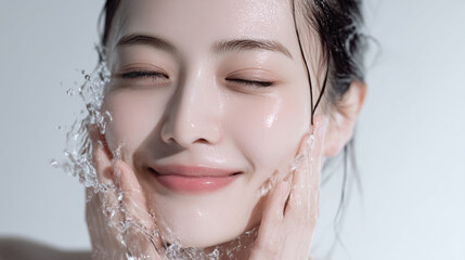 洗顔する美しい笑顔の女性の美肌と清潔感。美容・コスメ・スキンケア広告用写真