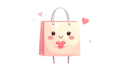 Adorable, cartoon shopping bag with a cute face and holding a heart, surrounded by hearts