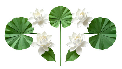 Symmetrically arranged, realistic white water lilies and green lily pads on black