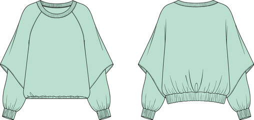 Batwing sleeve top sketch, fashion CAD drawing, flat vector illustration, ribbed cuff, round neck, loose fit, garment design, apparel