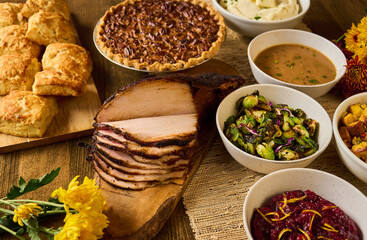 Homemade smoked turkey Thanksgiving dinner spread