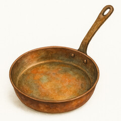 Watercolor illustration of copper pan with patina finish, showcasing its rustic charm and unique texture. This single object stands out beautifully against white background