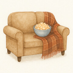 Cozy couch with warm blanket and bowl of popcorn creates perfect atmosphere for relaxation and enjoyment. Ideal for comfortable living space or movie night