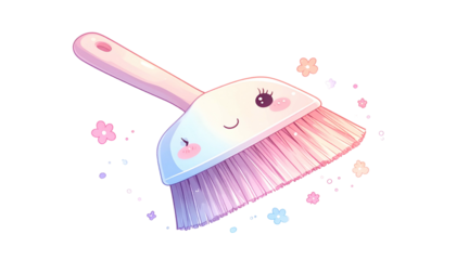 A cute animated cleaning brush with a smiling face and whimsical flower accents on a black backdrop