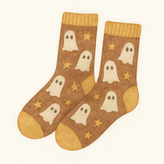 Cozy socks featuring playful pattern of ghosts and stars, perfect for adding whimsical touch to any outfit. Ideal for chilly nights or festive occasions