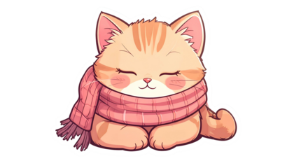Cartoon kitten, orange tabby, smiling and relaxed, wearing a pink scarf, on black background
